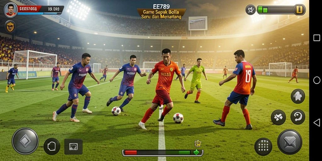 Tangkapan layar gameplay EE789 menampilkan aksi sepak bola yang mendebarkan.