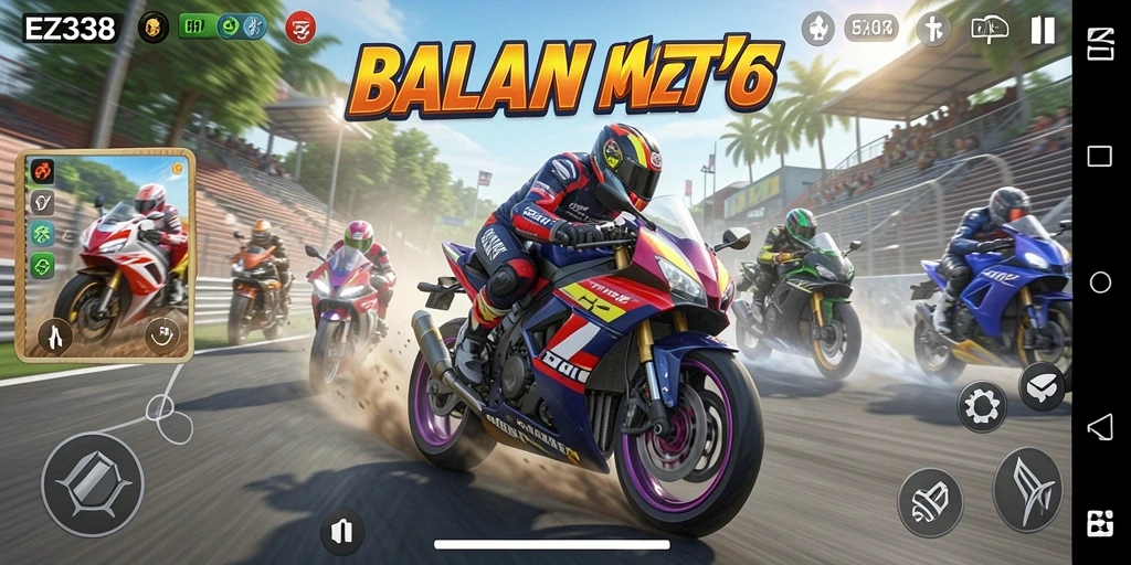 Tampilan gameplay seru di EZ338 dengan aksi balapan motor yang mendebarkan.