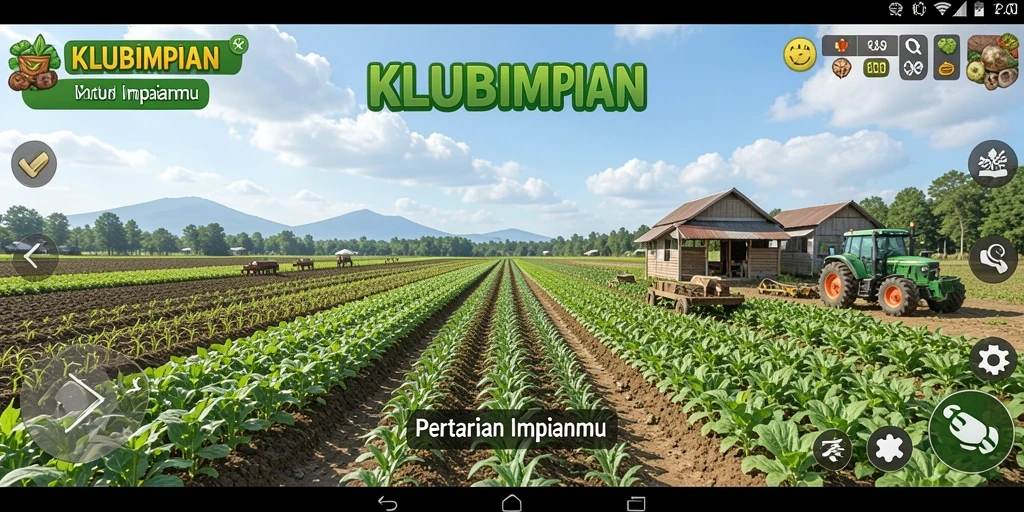 Screenshot gameplay KLUBIMPIAN dengan suasana pertanian yang indah.