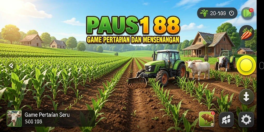 Screenshot PAUS188 menunjukkan tampilan indah kebun dan gameplay bertani.
