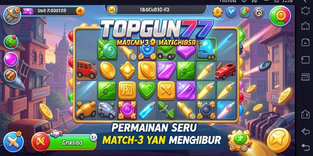 Screenshot gameplay <strong>TOPGUN77</strong> dengan tampilan level Match-3 yang menarik.